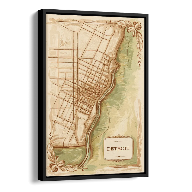 Detroit Vintage Map Side - Black Canvas Wall Art