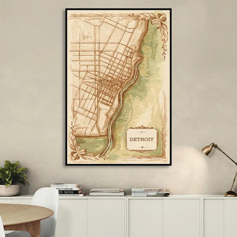 Detroit Vintage Map Living Room - Black Canvas Wall Art