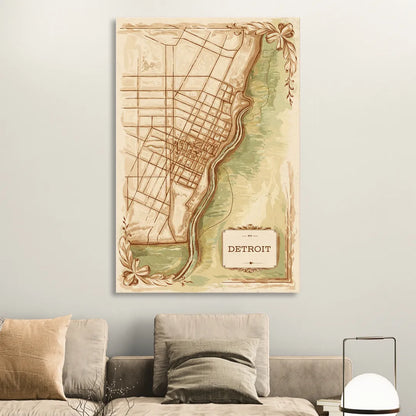 Detroit Vintage Map Living Room - Canvas Wall Art
