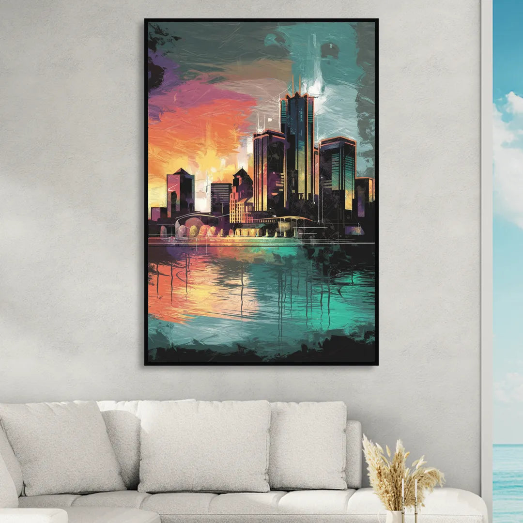 Detroit Waterfront Scene Living Room - Black Canvas Wall Art