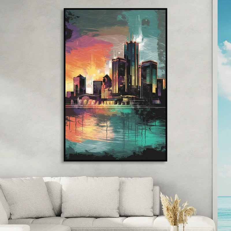 Detroit Waterfront Scene Living Room - Black Canvas Wall Art