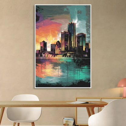 Detroit Waterfront Scene Living Room - White Canvas Wall Art