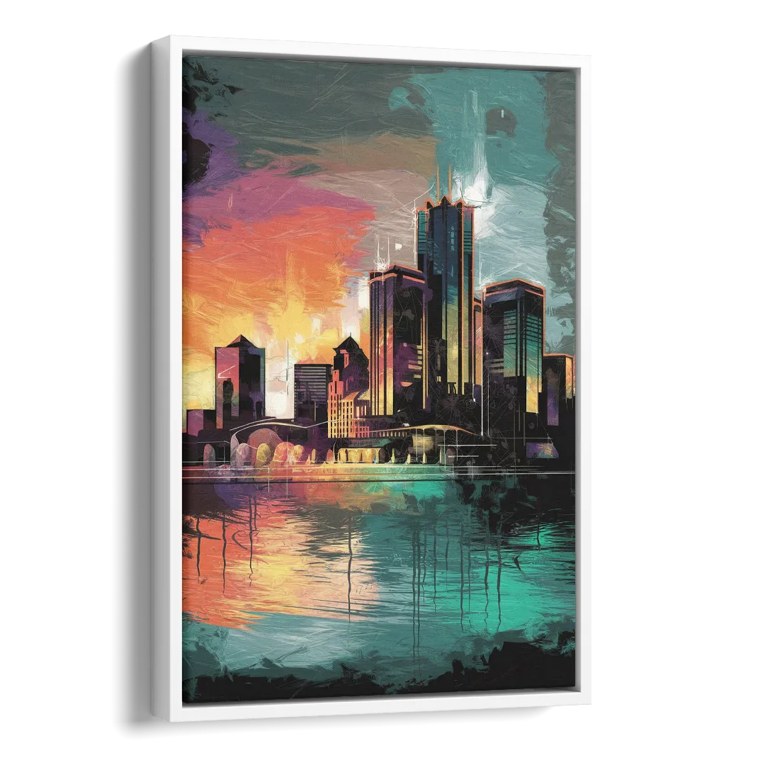 Detroit Waterfront Scene Side - White Canvas Wall Art