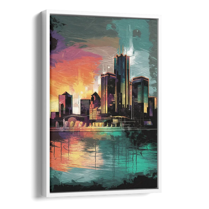Detroit Waterfront Scene Side - White Canvas Wall Art
