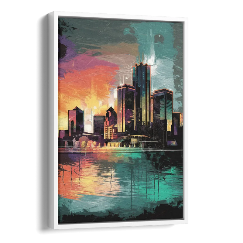 Detroit Waterfront Scene Side - White Canvas Wall Art