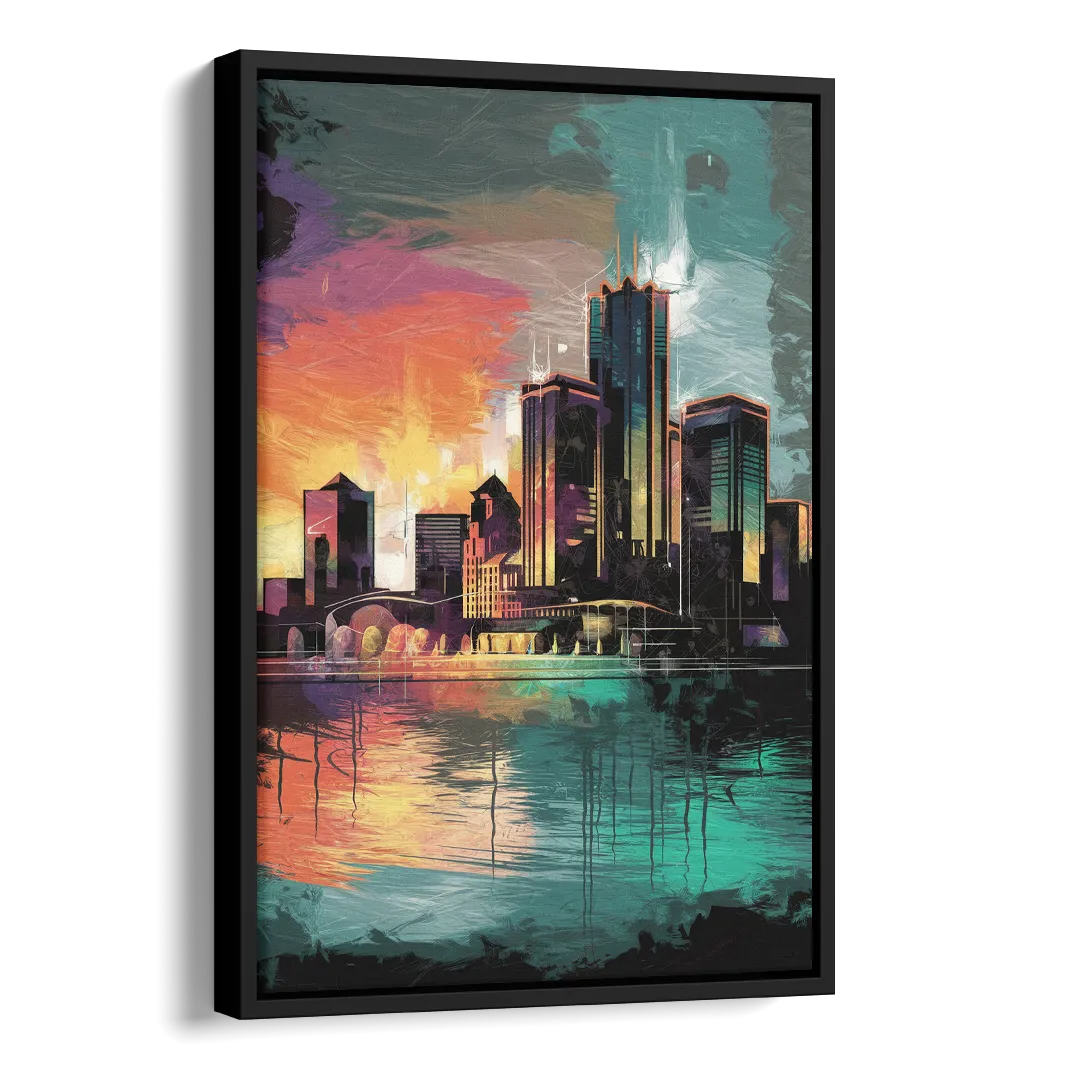 Detroit Waterfront Scene Side - Black Canvas Wall Art