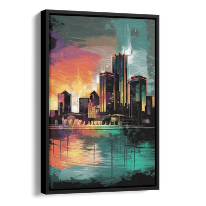 Detroit Waterfront Scene Side - Black Canvas Wall Art