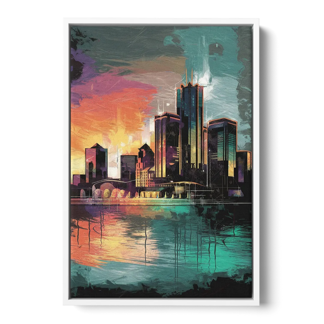 Detroit Waterfront Scene Front - White Canvas Wall Art