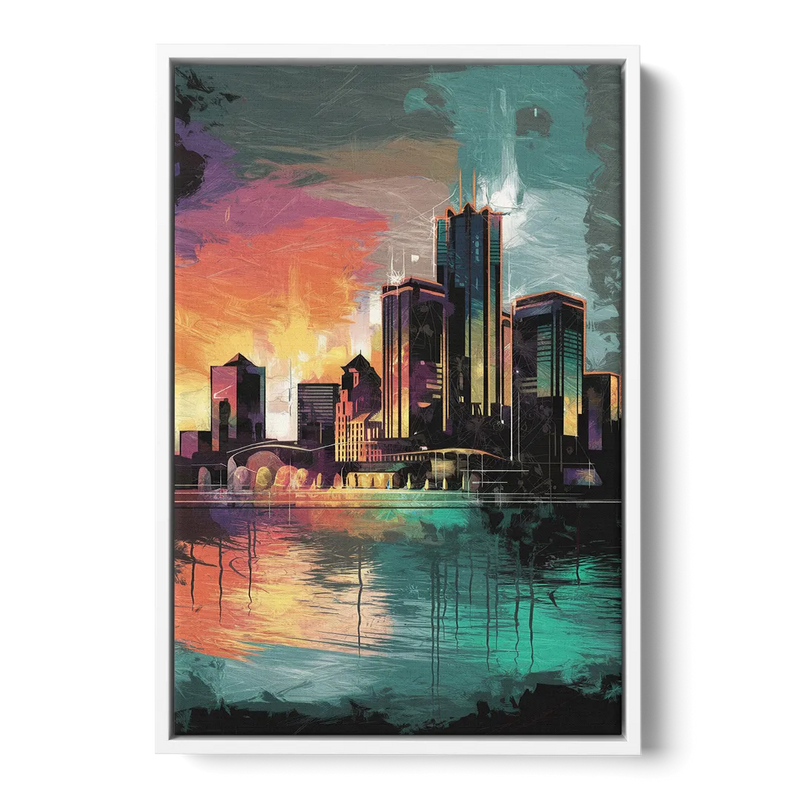 Detroit Waterfront Scene Front - White Canvas Wall Art