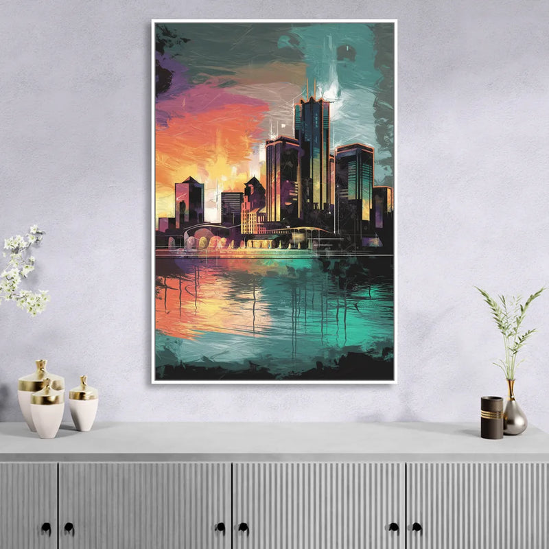 Detroit Waterfront Scene Sitting Room - White Canvas Wall Art