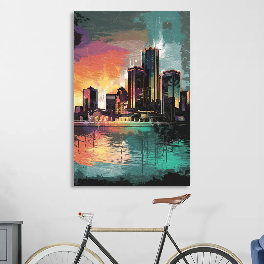 Detroit Waterfront Scene Living Room - Canvas Wall Art