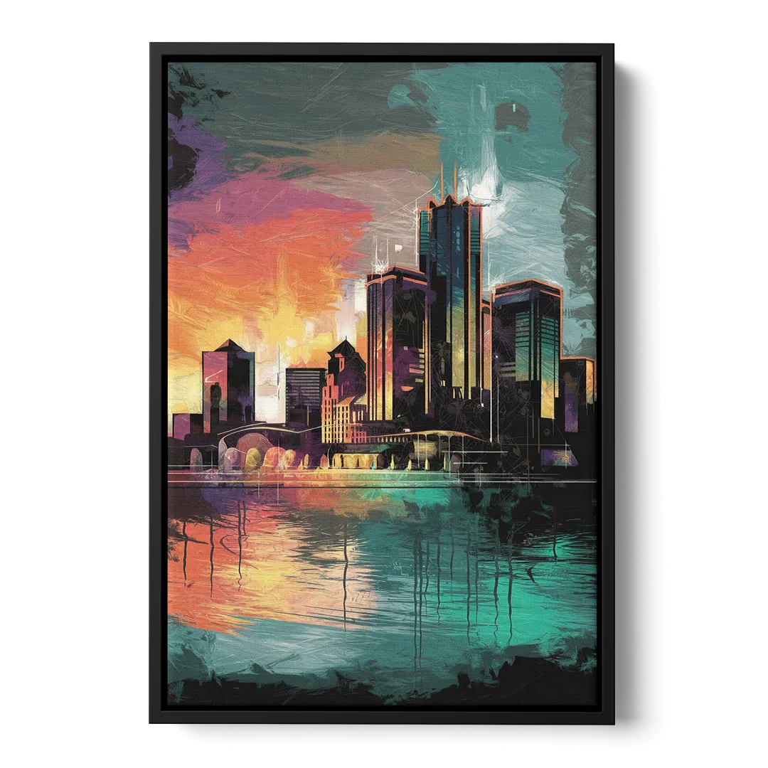 Detroit Waterfront Scene Front - Black Canvas Wall Art