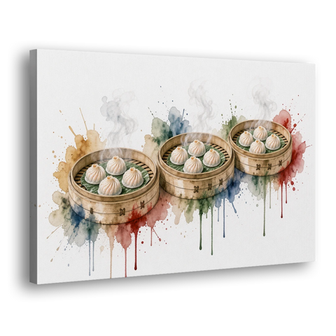 Dim Sum Art of Three Steaming Har Gow Baskets - Canvas Wall Art - Side