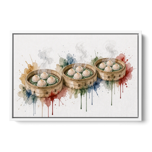Dim Sum Art of Three Steaming Har Gow Baskets - White Framed Canvas Wall Art - Front