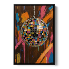 Disco Ball Painting in Bursting Color - Black Framed Canvas Wall Art - Front
