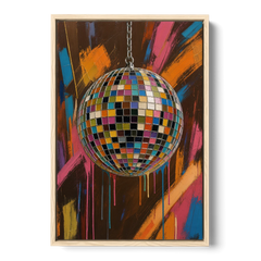 Disco Ball Painting in Bursting Color - Oak Framed Canvas Wall Art - Front