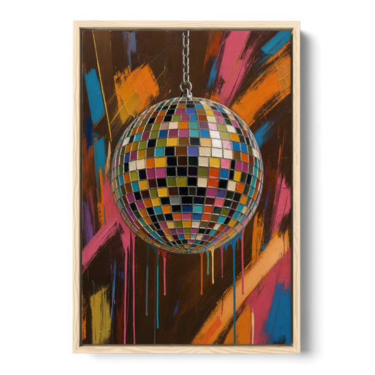 Disco Ball Painting in Bursting Color - Oak Framed Canvas Wall Art - Front