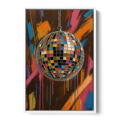 Disco Ball Painting in Bursting Color - White Framed Canvas Wall Art - Front