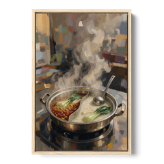 Divided Hot Pot with Red Chili and Milky Broth - Oak Framed Canvas Wall Art - Front