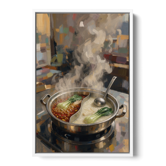 Divided Hot Pot with Red Chili and Milky Broth - White Framed Canvas Wall Art - Front