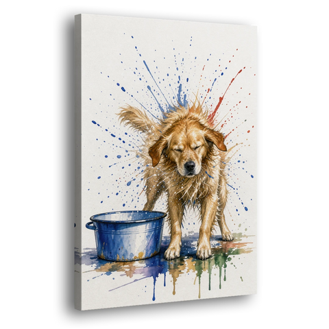 Dog Bathroom Wall Art of a Shaking Golden Retriever - Canvas Wall Art - Side