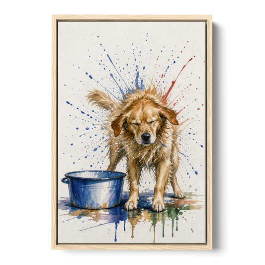 Dog Bathroom Wall Art of a Shaking Golden Retriever - Oak Framed Canvas Wall Art - Front