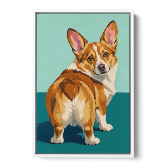Dog Lover Wall Art of a Corgi Looking Back - White Framed Canvas Wall Art - Front