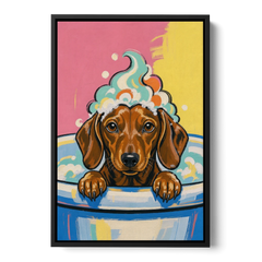Dog in Bathtub Wall Art of a Sudsy Dachshund - Black Framed Canvas Wall Art - Front