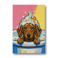 Dog in Bathtub Wall Art of a Sudsy Dachshund - Canvas Wall Art - Front
