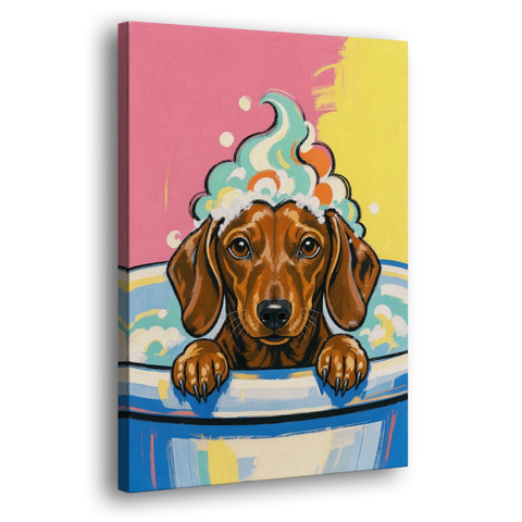 Dog in Bathtub Wall Art of a Sudsy Dachshund - Canvas Wall Art - Side
