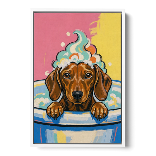 Dog in Bathtub Wall Art of a Sudsy Dachshund - White Framed Canvas Wall Art - Front
