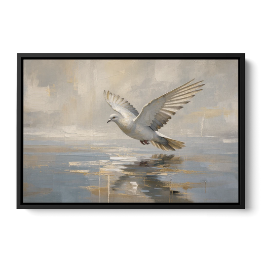 Dove Wall Art with Wings Over Still Water - Black Framed Canvas Wall Art - Front