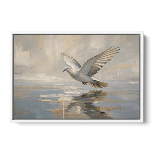 Dove Wall Art with Wings Over Still Water - White Framed Canvas Wall Art - Front