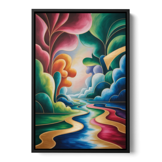 Dreamlike JewelToned Colorful Abstract - Black Framed Canvas Wall Art - Front