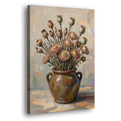 Dried Flower Painting with Poppy Pods in a Crock - Canvas Wall Art - Side