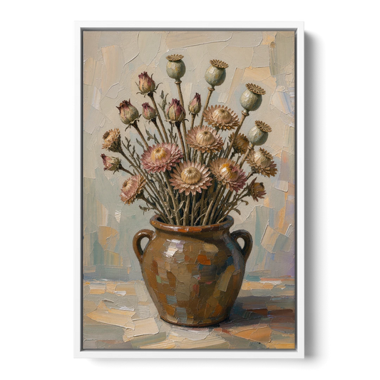 Dried Flower Painting with Poppy Pods in a Crock - White Framed Canvas Wall Art - Front