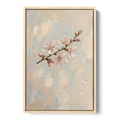 Drifting Petal Cherry Blossom Sprig for the Nursery - Oak Framed Canvas Wall Art - Front