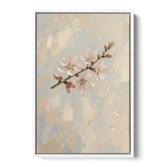 Drifting Petal Cherry Blossom Sprig for the Nursery - White Framed Canvas Wall Art - Front