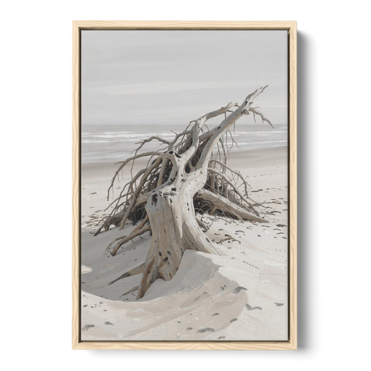 Driftwood Painting of Roots in Pale Sand - Oak Framed Canvas Wall Art - Front