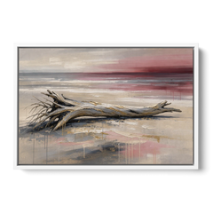 Driftwood Wall Art Under a Rose Dusk Sky - White Framed Canvas Wall Art - Front