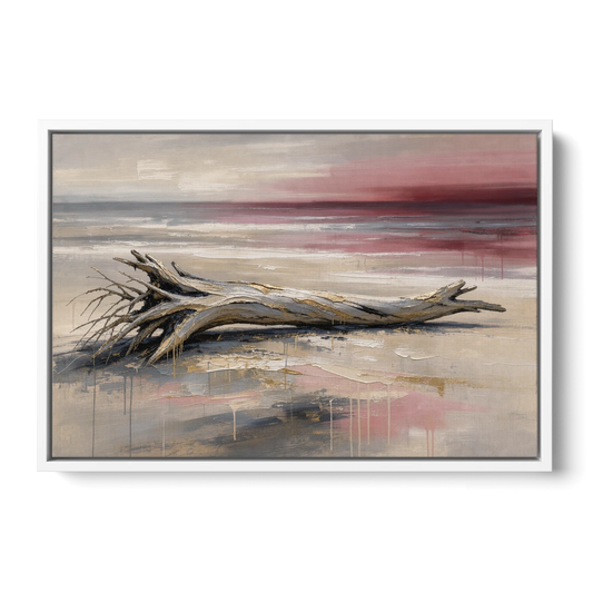 Driftwood Wall Art Under a Rose Dusk Sky - White Framed Canvas Wall Art - Front