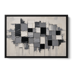 Dripping Grid of Black and Grey Squares - Black Framed Canvas Wall Art - Front
