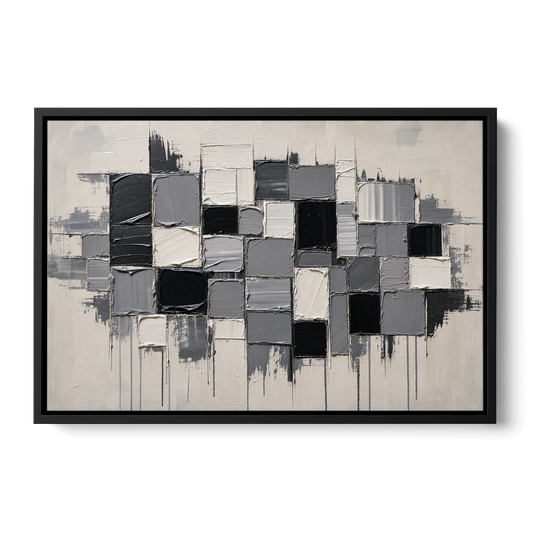 Dripping Grid of Black and Grey Squares - Black Framed Canvas Wall Art - Front
