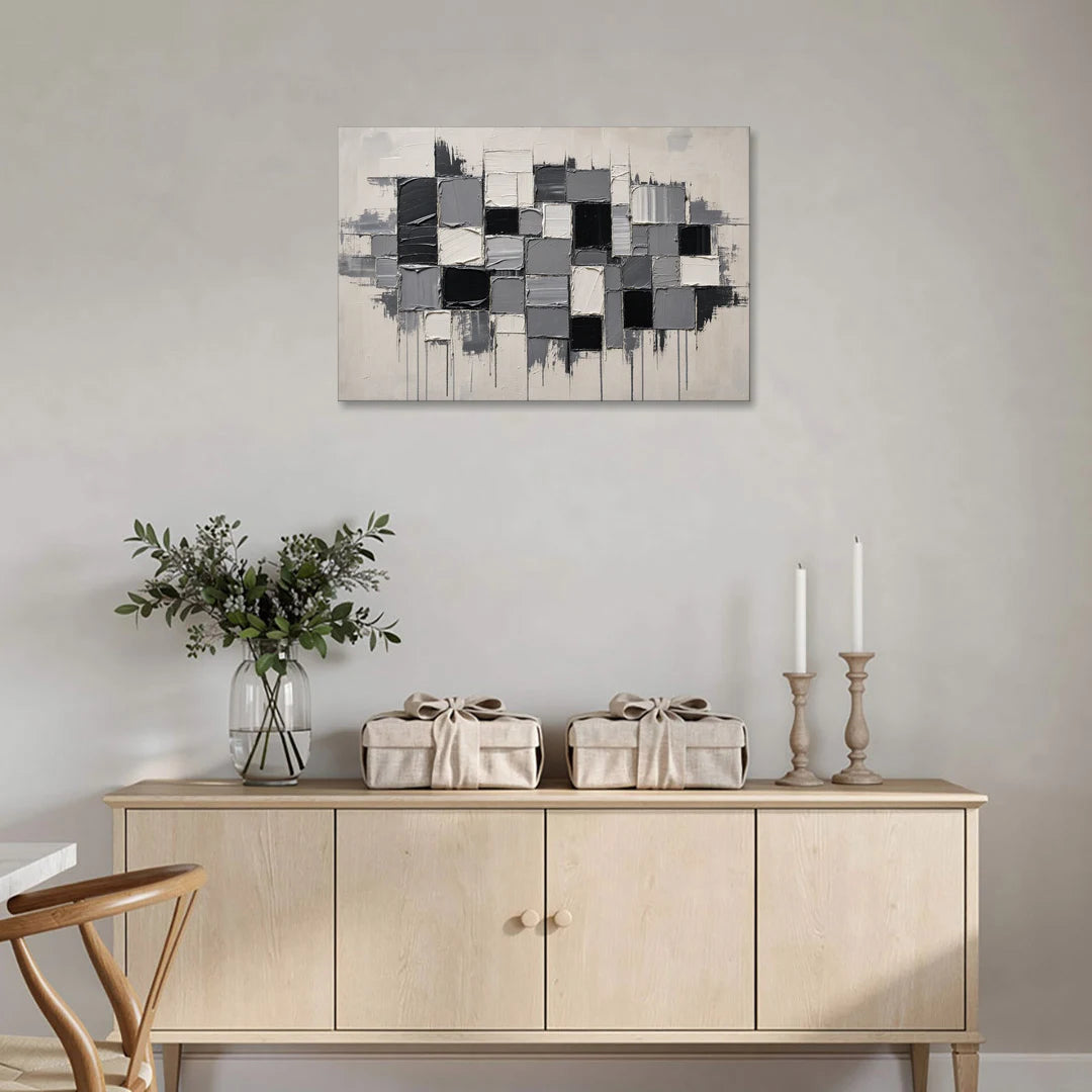 Dripping Grid of Black and Grey Squares - Canvas Wall Art - Coffee Table - 36x24