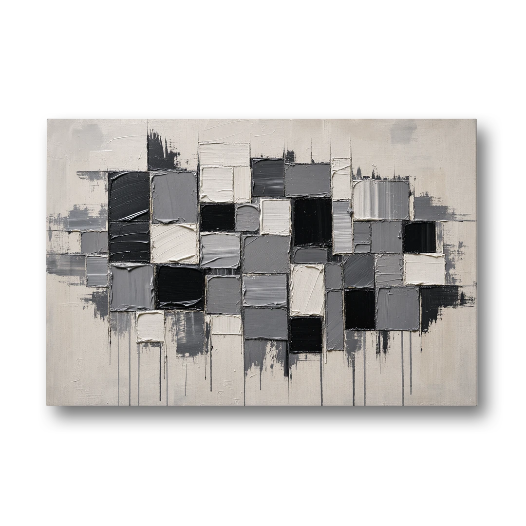 Dripping Grid of Black and Grey Squares - Canvas Wall Art - Front