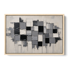 Dripping Grid of Black and Grey Squares - Oak Framed Canvas Wall Art - Front