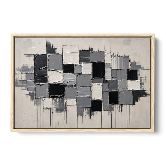 Dripping Grid of Black and Grey Squares - Oak Framed Canvas Wall Art - Front