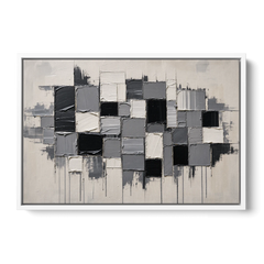 Dripping Grid of Black and Grey Squares - White Framed Canvas Wall Art - Front