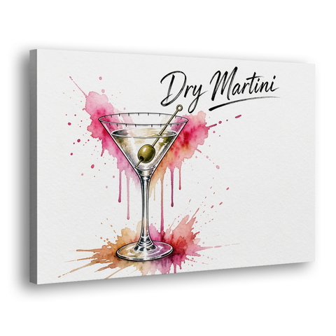 Dry Martini Glass with Olive in Pink Watercolor Splash - Canvas Wall Art - Side