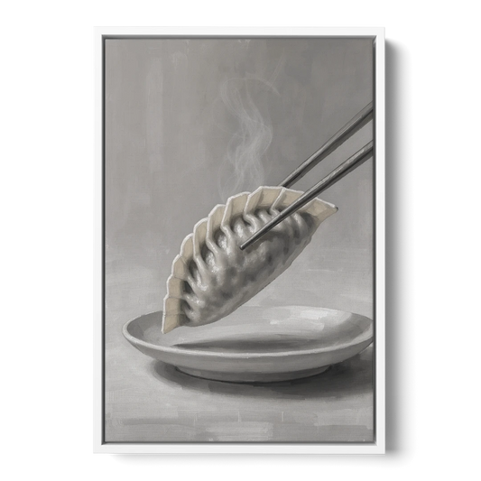 Dumpling Painting with Chopsticks and Steam - White Framed Canvas Wall Art - Front